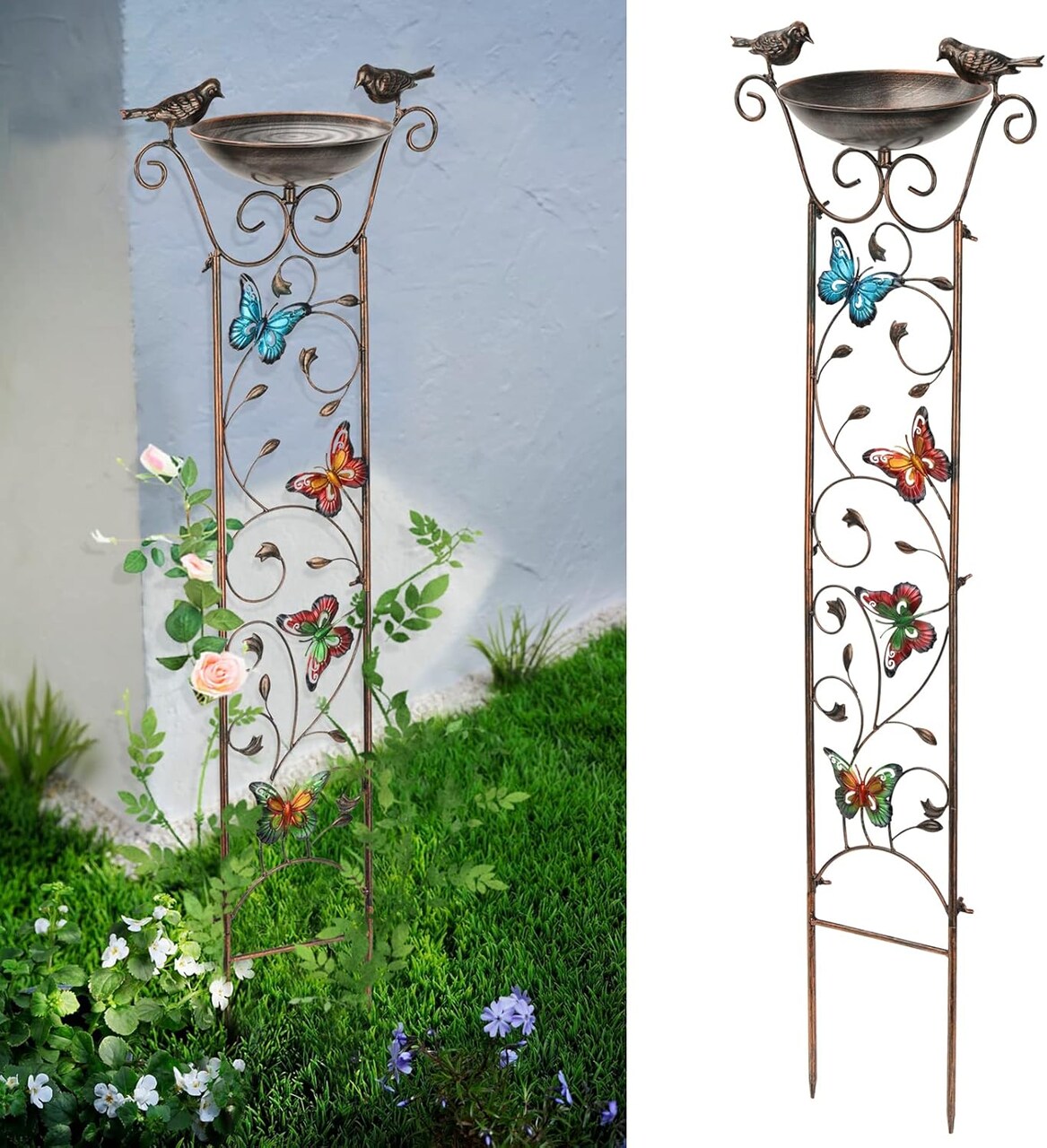 Bird Bath with Trellis Outdoor, Antique Garden Iron Trellis with Decorative Butterflies Detachable Bird Bowl Metal Potted Plants Support for Climbing Flowers 7.3"W x 40"H